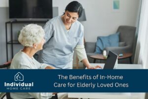 Elderly woman in conversation with an in-home care nurse, sitting at a table in a cozy living room, highlighting the benefits of personalized home health care.