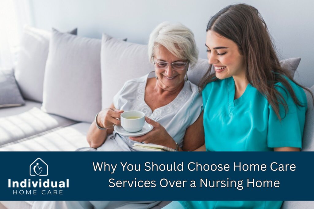 Older woman sharing a warm moment with a young caregiver on a couch, both smiling while enjoying tea, showcasing the comfort of home care versus institutional settings.