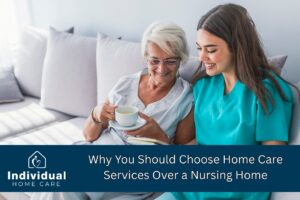 Older woman sharing a warm moment with a young caregiver on a couch, both smiling while enjoying tea, showcasing the comfort of home care versus institutional settings.